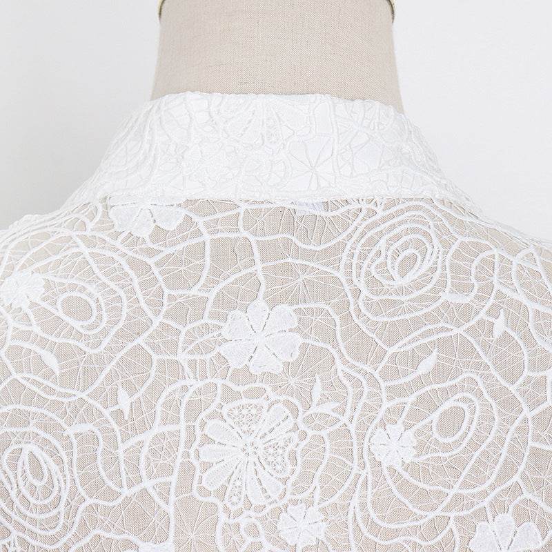 Fashion Temperament Stand Collar Lantern Sleeve Design Sexy Lace Perspective Short Dress - Mubimart
