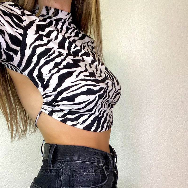 HEYounGIRL Animal Zebra Print Backless Cropped Tshirt Women Sexy Long Sleeve T-shirt Ladies Fashion Crop Tops Tees Streetwear - Mubimart
