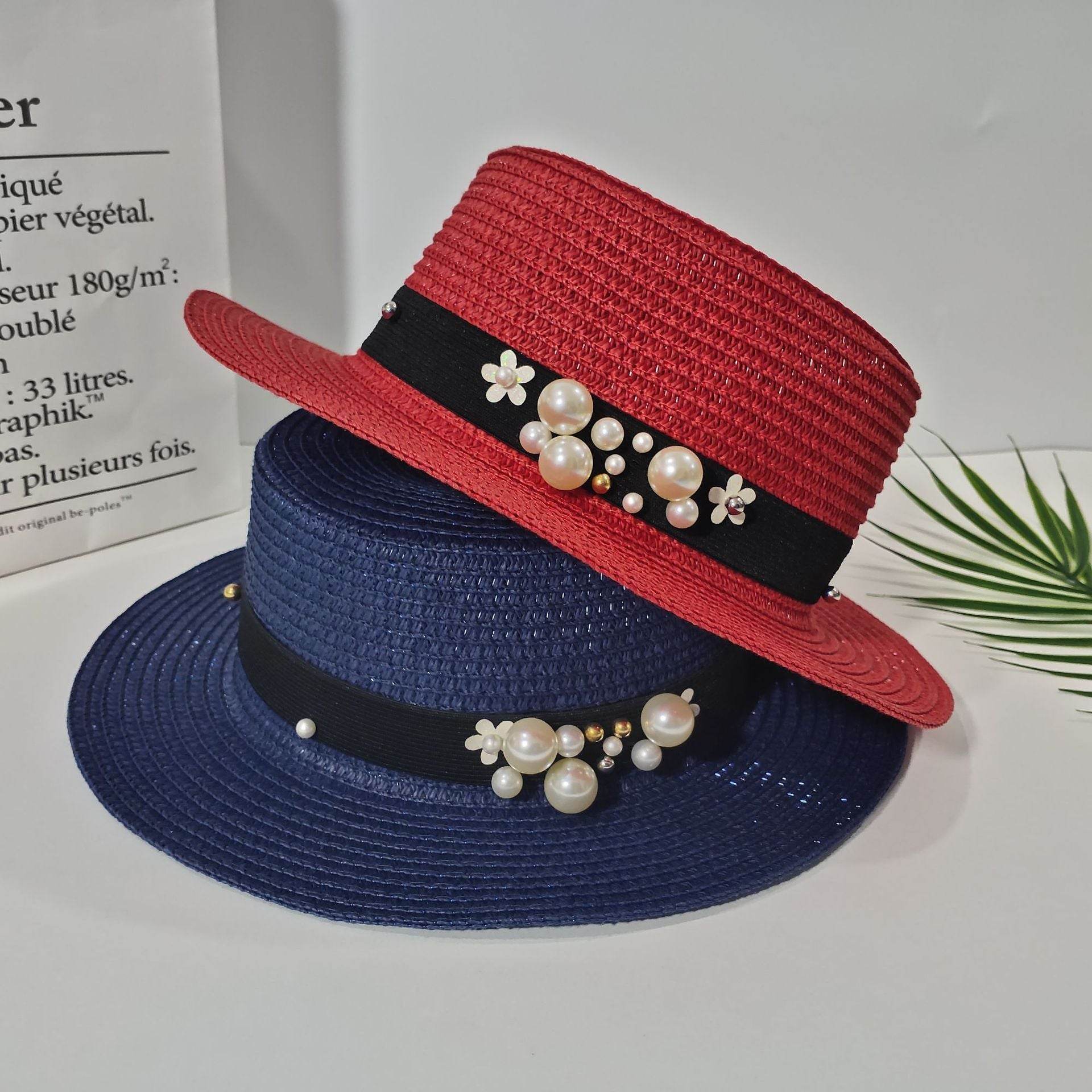 Parent-child Sun Hat Cute Children Sun Hats Pearl Bow Hand Made Women Straw - Mubimart