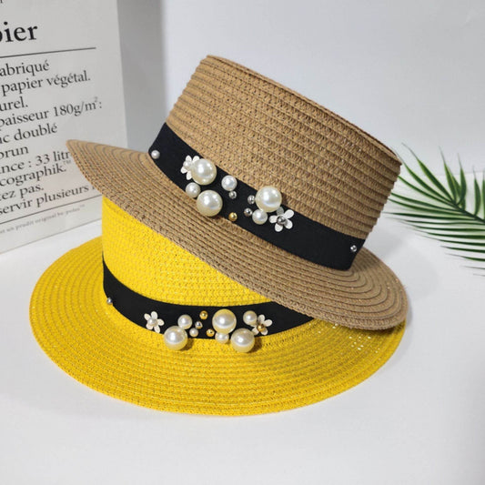 Parent-child Sun Hat Cute Children Sun Hats Pearl Bow Hand Made Women Straw - Mubimart