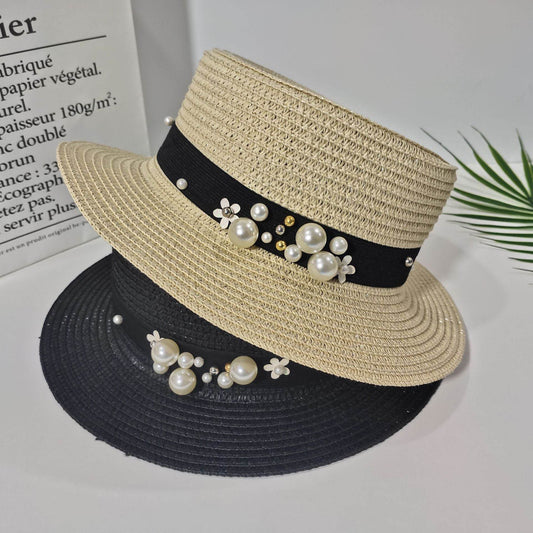 Parent-child Sun Hat Cute Children Sun Hats Pearl Bow Hand Made Women Straw - Mubimart