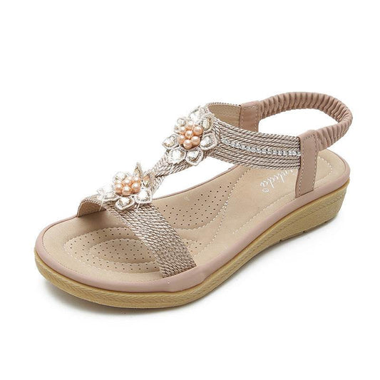 Boho Style Flat FLower Rhinestone Sandals - Mubimart