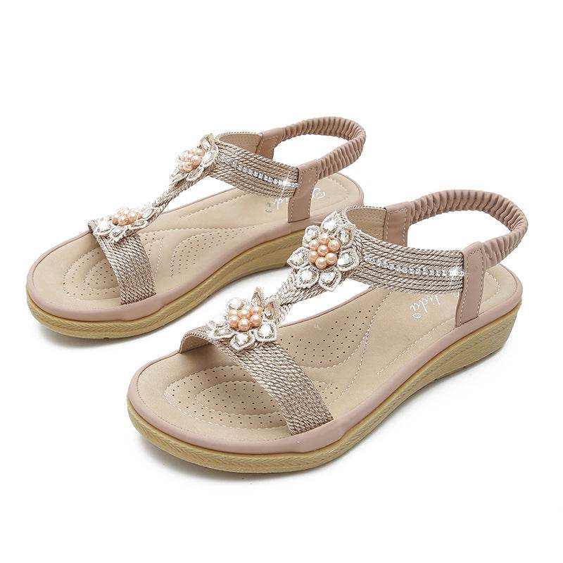 Boho Style Flat FLower Rhinestone Sandals - Mubimart