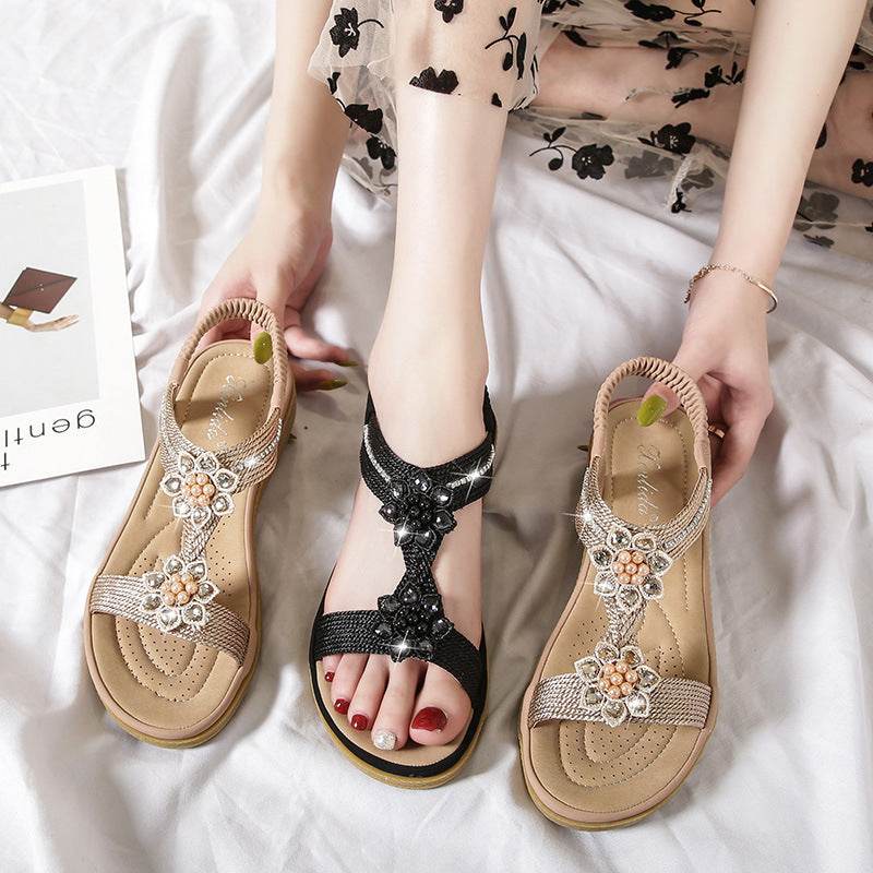Boho Style Flat FLower Rhinestone Sandals - Mubimart