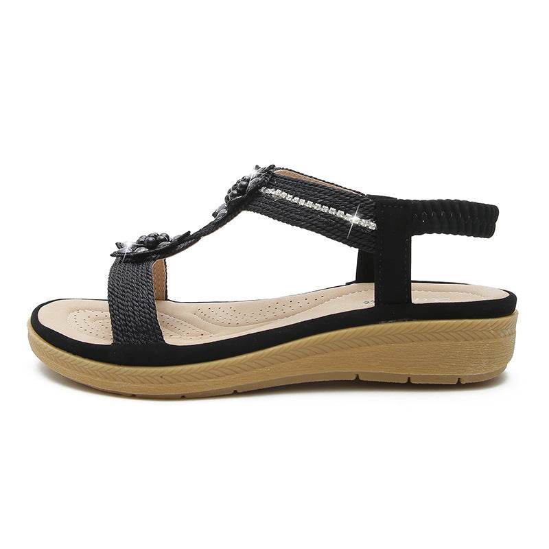 Boho Style Flat FLower Rhinestone Sandals - Mubimart