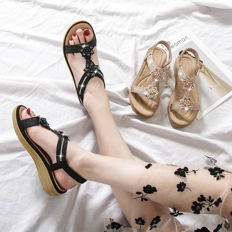 Boho Style Flat FLower Rhinestone Sandals - Mubimart
