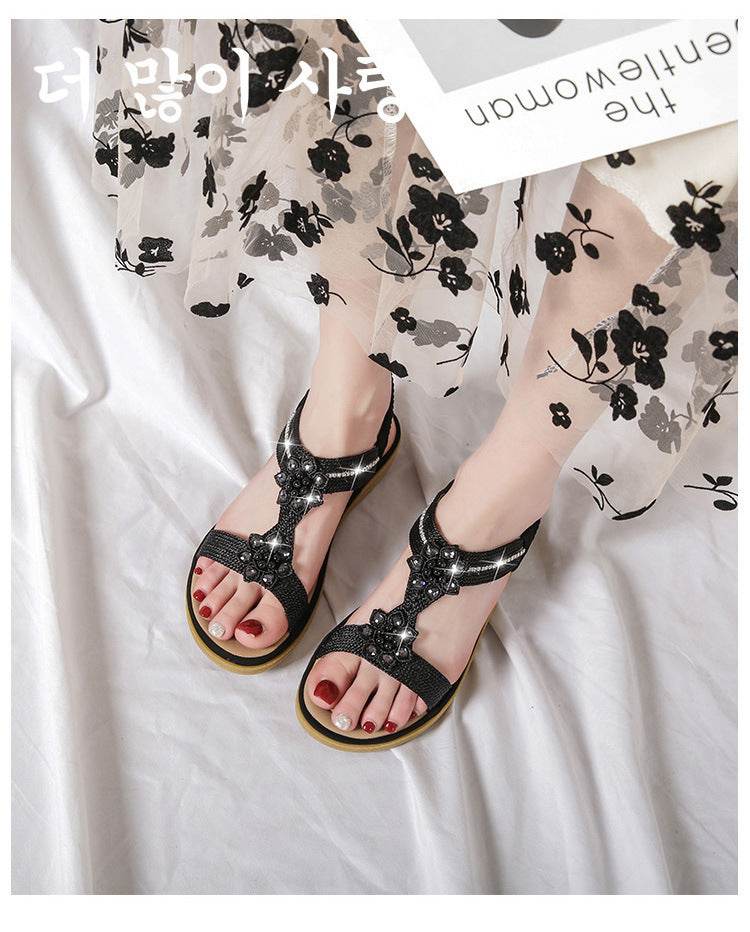 Boho Style Flat FLower Rhinestone Sandals - Mubimart