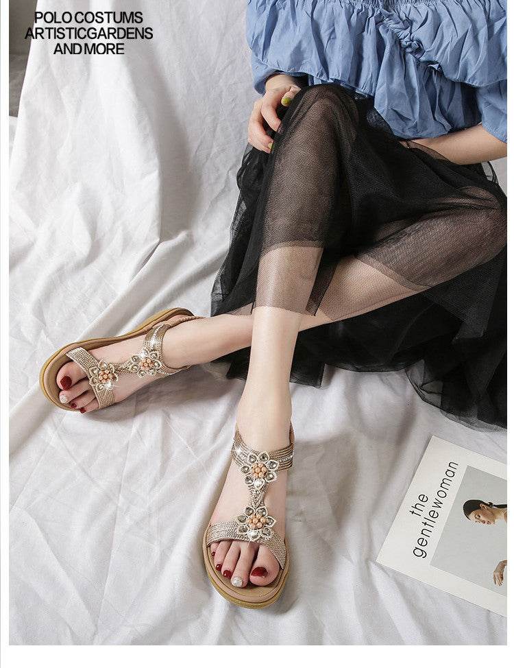 Boho Style Flat FLower Rhinestone Sandals - Mubimart
