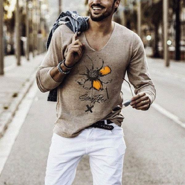 Elastic Mens T-Shirt V-Neck Long Sleeve Men T Shirt - Mubimart