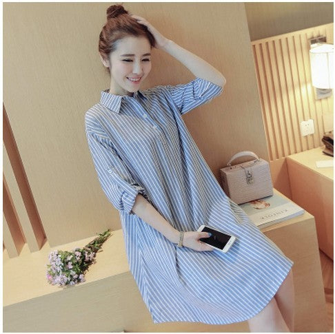 Plus Fat Plus Size Fat Mm Long Vertical Striped Shirt Cotton And Linen Dress Shirt Skirt - Mubimart - Shirt Dress 