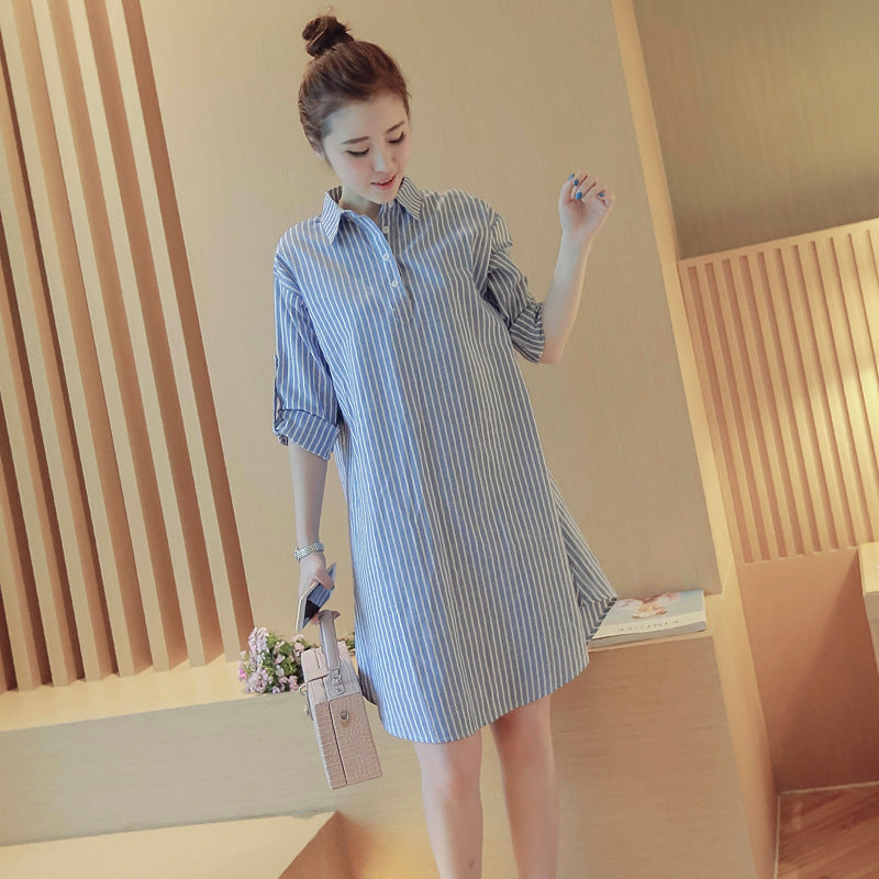 Plus Fat Plus Size Fat Mm Long Vertical Striped Shirt Cotton And Linen Dress Shirt Skirt - Mubimart -  