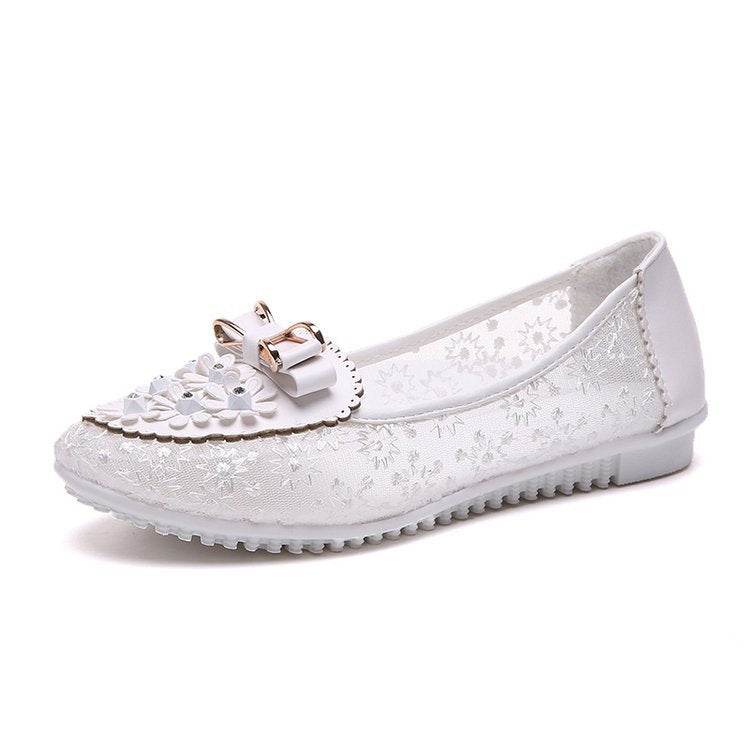 Mesh Lace Hollow Bow Work Shoes - Mubimart