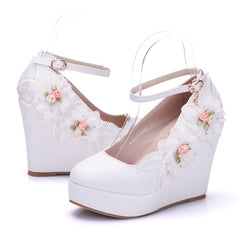 Wedge Heel Lace Flower Wedding Shoes