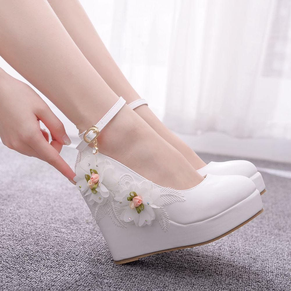 Wedge Heel Lace Flower Wedding Shoes