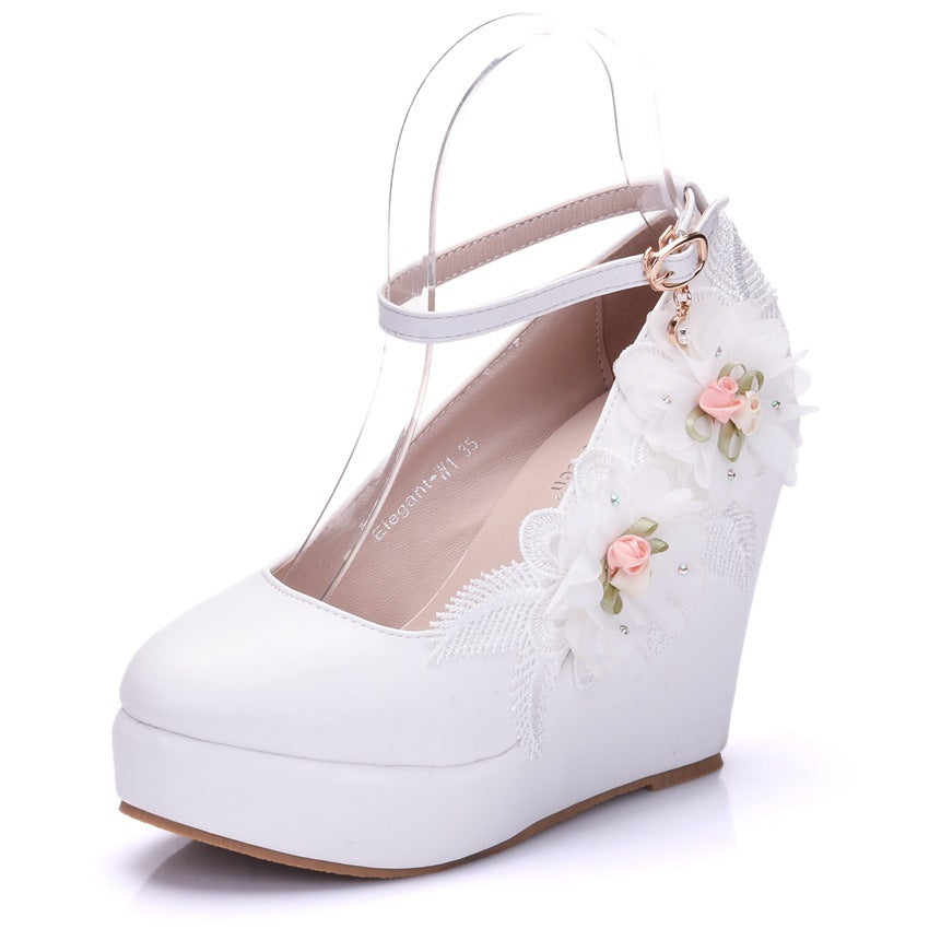 Wedge Heel Lace Flower Wedding Shoes