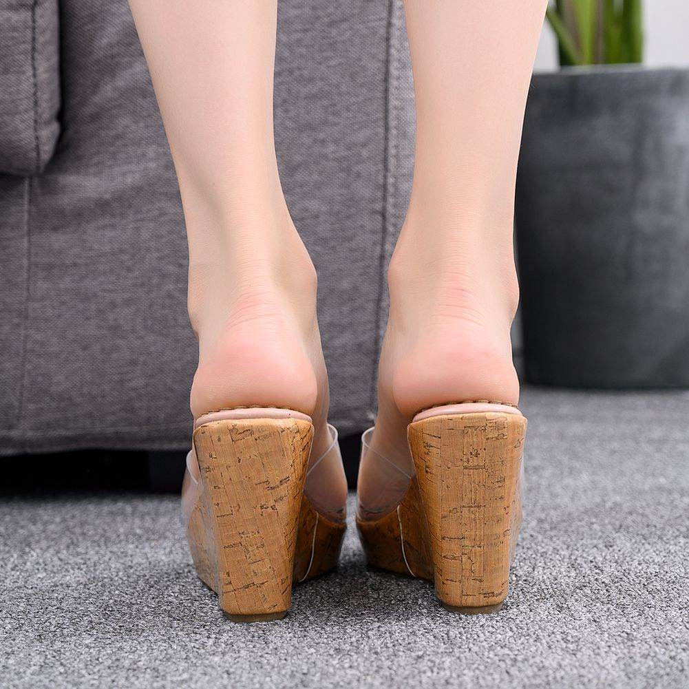 Transparent Nude Color Fish Mouth Sandals Round Toe Wedge Sandals Wedge Slippers - Mubimart