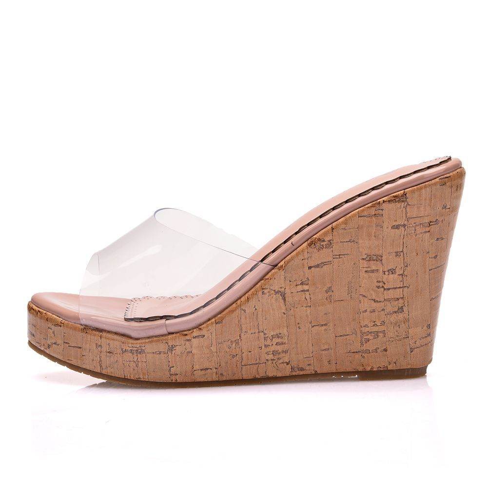 Transparent Nude Color Fish Mouth Sandals Round Toe Wedge Sandals Wedge Slippers - Mubimart