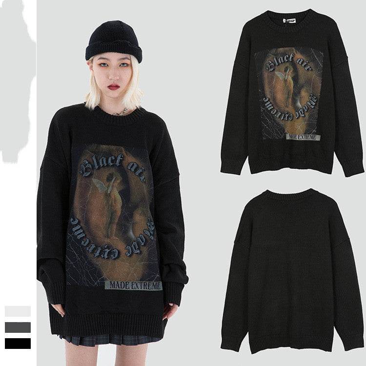 High Street Retro Printed Sweater Men's Trendy Brand Design Sense Loose Knitted Top - Mubimart