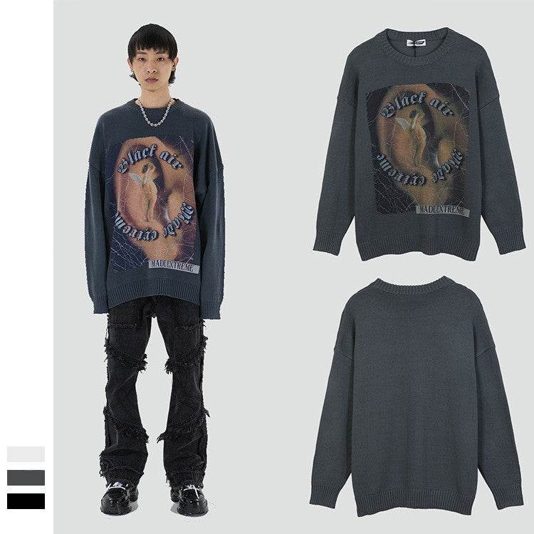 High Street Retro Printed Sweater Men's Trendy Brand Design Sense Loose Knitted Top - Mubimart