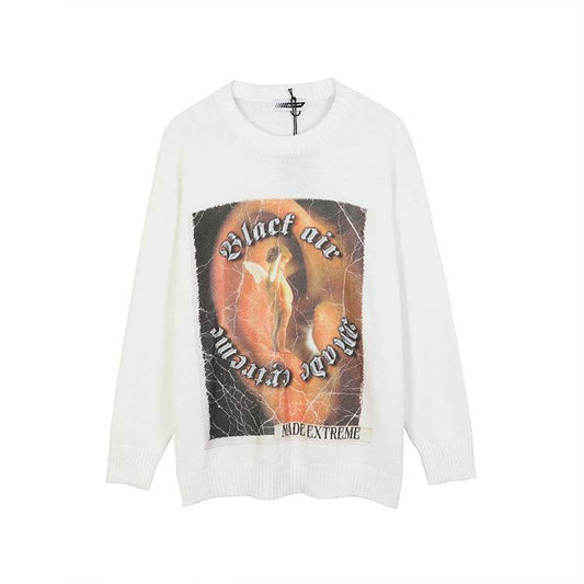 High Street Retro Printed Sweater Men's Trendy Brand Design Sense Loose Knitted Top - Mubimart