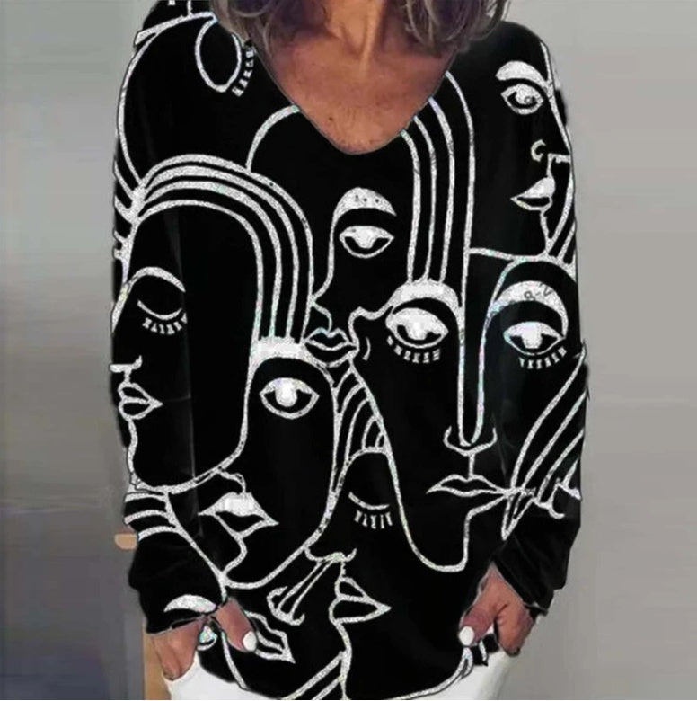 Abstract Print Long Sleeve Loose Plus Size T-shirt - Mubimart -  