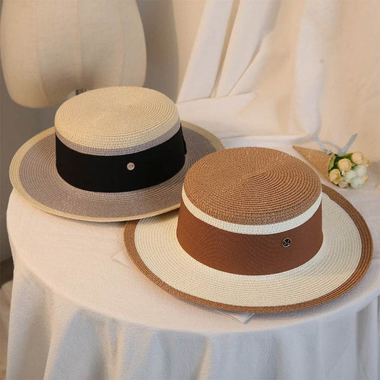 Summer Elegant Retro Women Flat Top Straw Hat Trip Caps Leisure Beach Sun Hats M Letter Breathable Flower Beach Hat - Mubimart