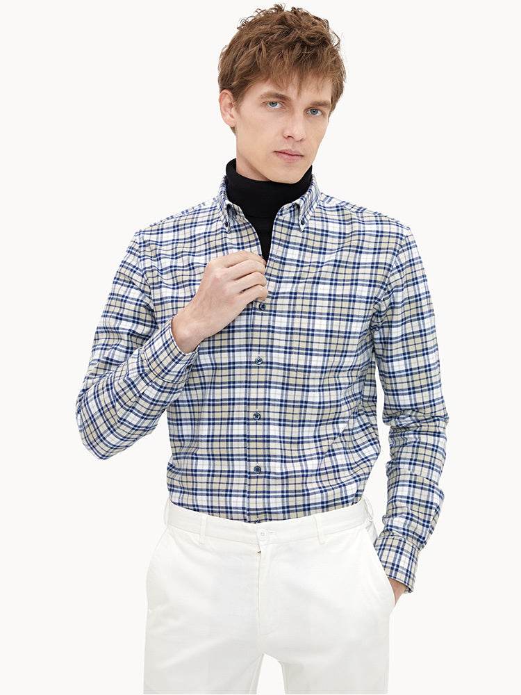 High-Quality Shirt Men'S Long-Sleeved Slim Cotton Business Casual Flannel Brushed Plaid Shirt - Mubimart
