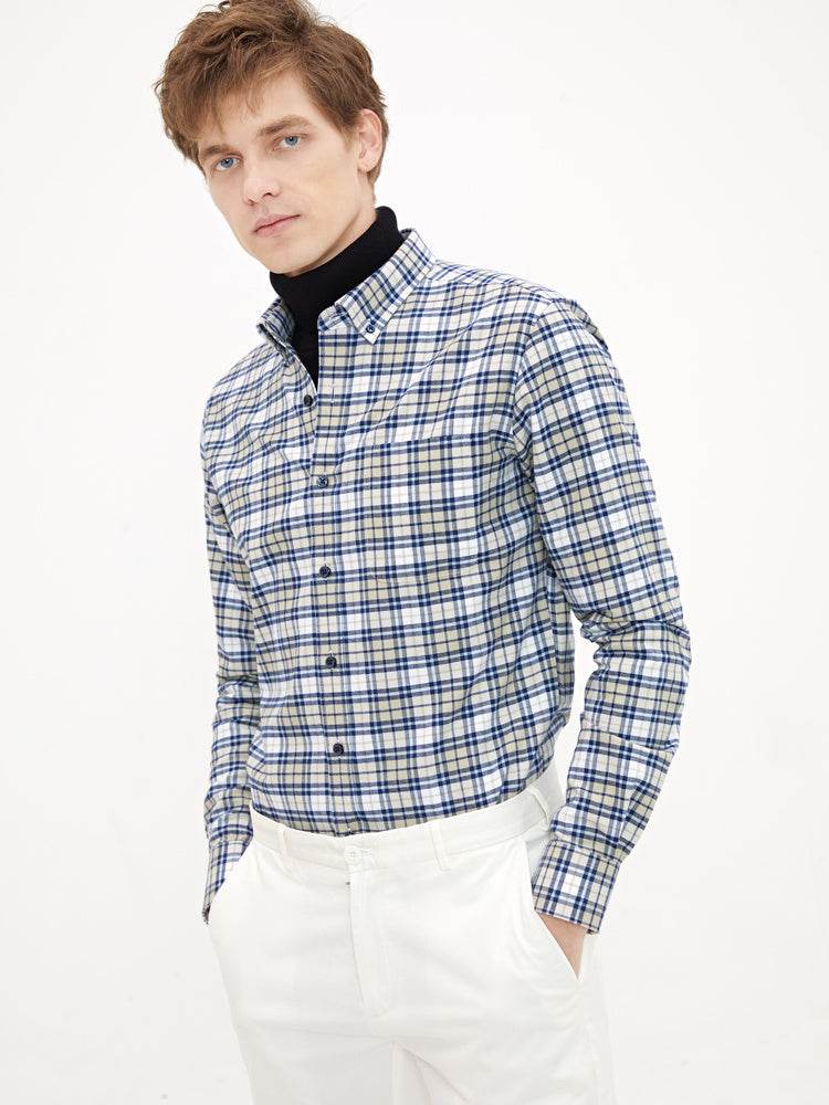 High-Quality Shirt Men'S Long-Sleeved Slim Cotton Business Casual Flannel Brushed Plaid Shirt - Mubimart