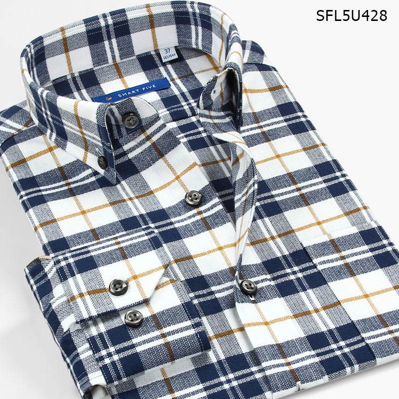 High-Quality Shirt Men'S Long-Sleeved Slim Cotton Business Casual Flannel Brushed Plaid Shirt - Mubimart