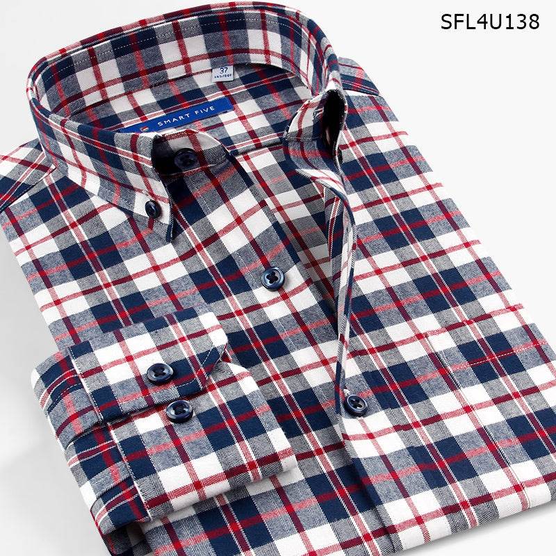 High-Quality Shirt Men'S Long-Sleeved Slim Cotton Business Casual Flannel Brushed Plaid Shirt - Mubimart