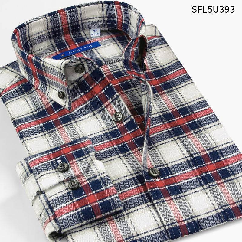 High-Quality Shirt Men'S Long-Sleeved Slim Cotton Business Casual Flannel Brushed Plaid Shirt - Mubimart