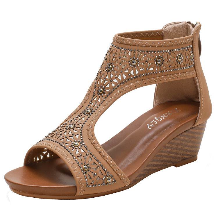 Bohemian Ladies Sandals, Summer New Style Wedge Heel Mid-Heel Mother Shoes, Comfortable Wedge Heel Women - Mubimart