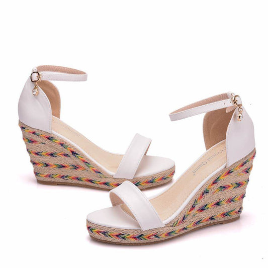 Straw Bohemian Platform Wedge Sandals - Mubimart