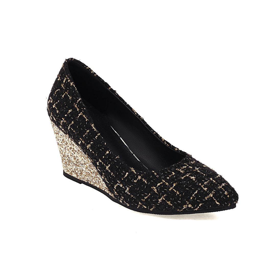 Wedge Heel Shiny Cloth Plaid Simple Fashion High Heels - Mubimart