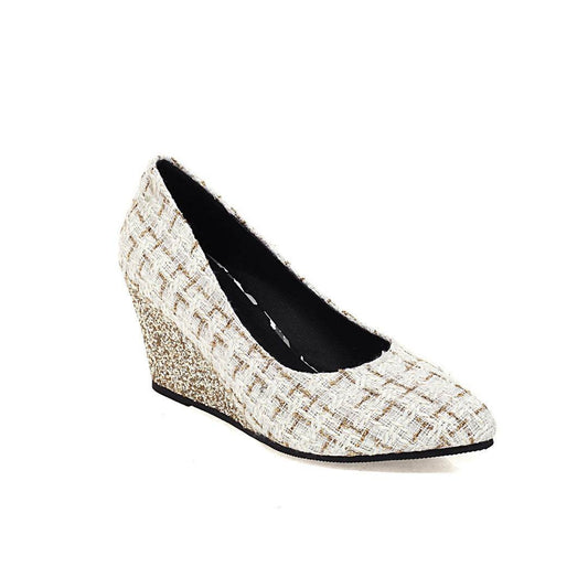 Wedge Heel Shiny Cloth Plaid Simple Fashion High Heels - Mubimart