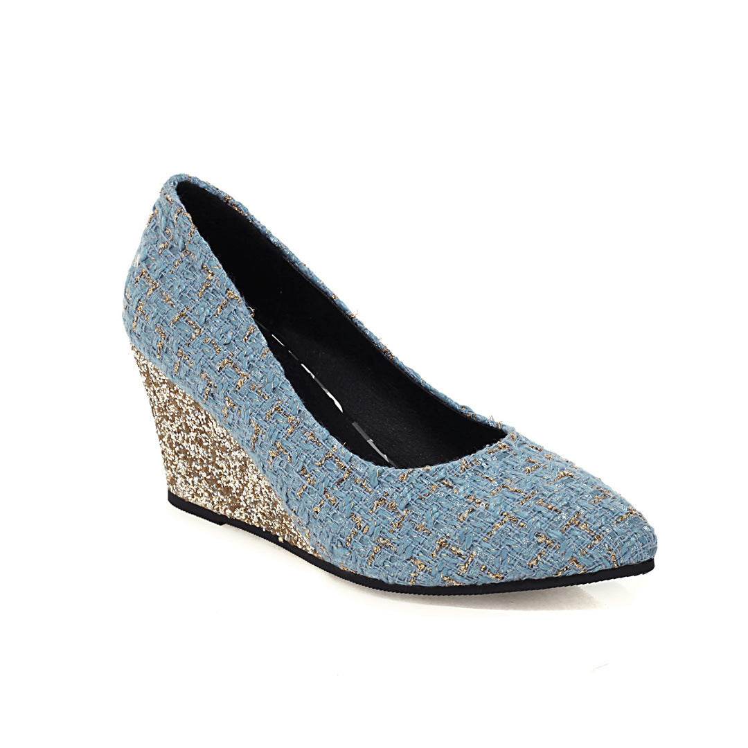 Wedge Heel Shiny Cloth Plaid Simple Fashion High Heels - Mubimart