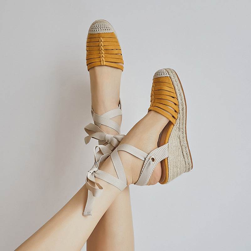 Platform Straw Woven Wedge Cream White Toe Cap Sandals Flat High Heels - Mubimart