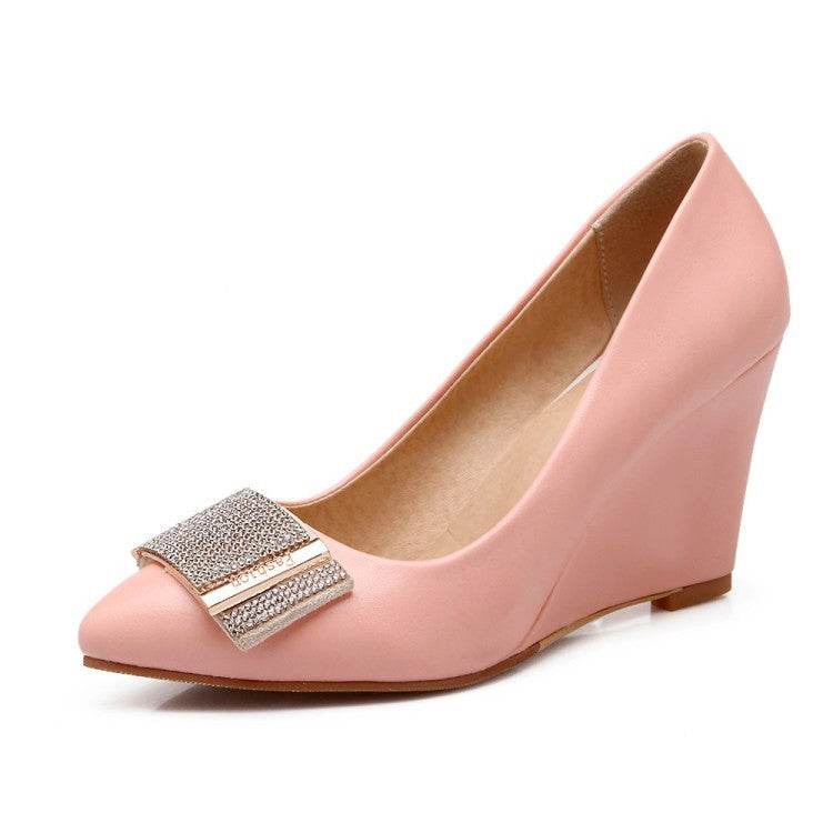 New Korean Version Of Large Size Rhinestone High Heels Bow-Knot Wedge Shallow Shoes - Mubimart