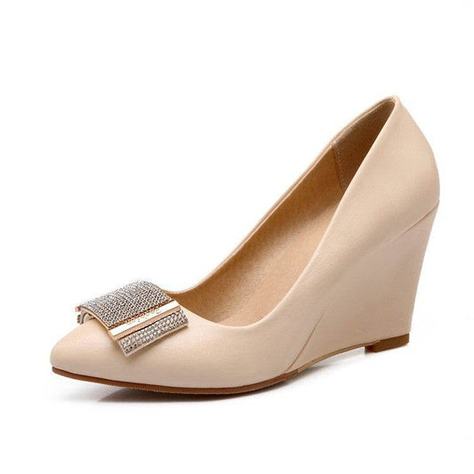 New Korean Version Of Large Size Rhinestone High Heels Bow-Knot Wedge Shallow Shoes - Mubimart
