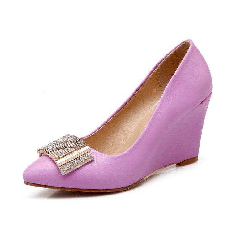New Korean Version Of Large Size Rhinestone High Heels Bow-Knot Wedge Shallow Shoes - Mubimart