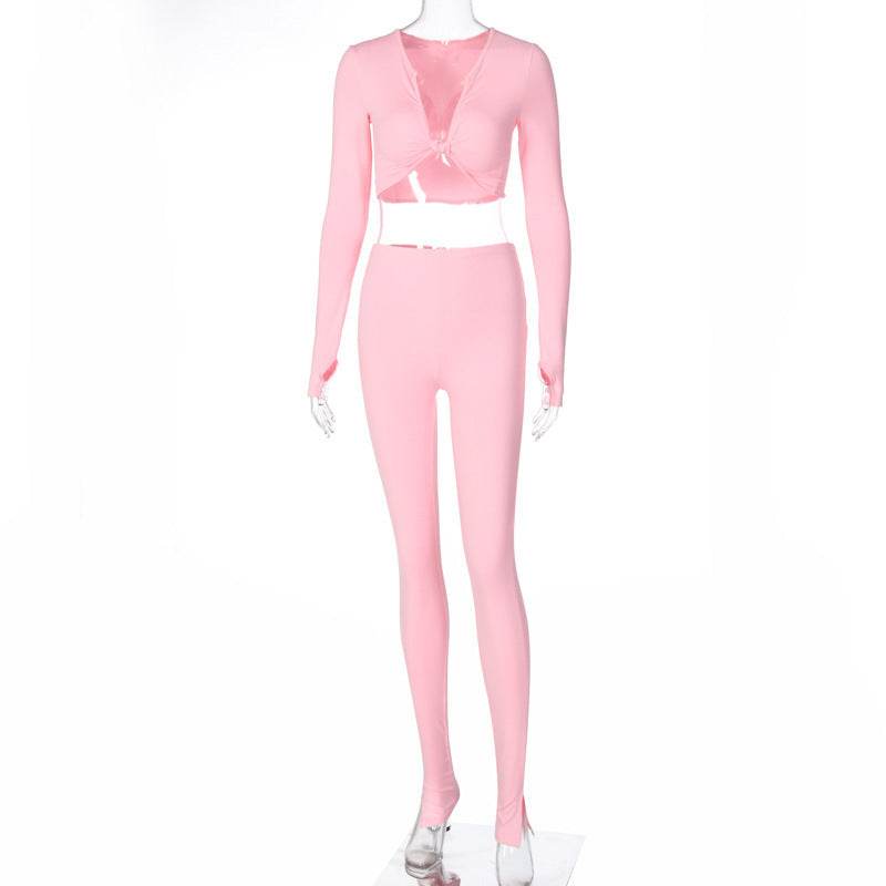 FQLWL Casual Summer 2 Two Piece Set Women Pink Outfit Long Sleeve Crop Top Leggings Women Joggers Matching Sets Ladies Tracksuit - Mubimart