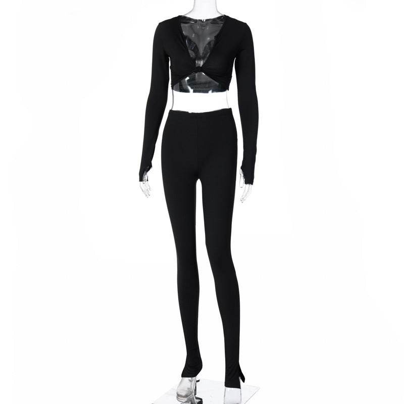 FQLWL Casual Summer 2 Two Piece Set Women Pink Outfit Long Sleeve Crop Top Leggings Women Joggers Matching Sets Ladies Tracksuit - Mubimart