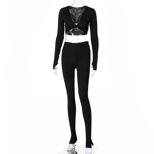 FQLWL Casual Summer 2 Two Piece Set Women Pink Outfit Long Sleeve Crop Top Leggings Women Joggers Matching Sets Ladies Tracksuit - Mubimart