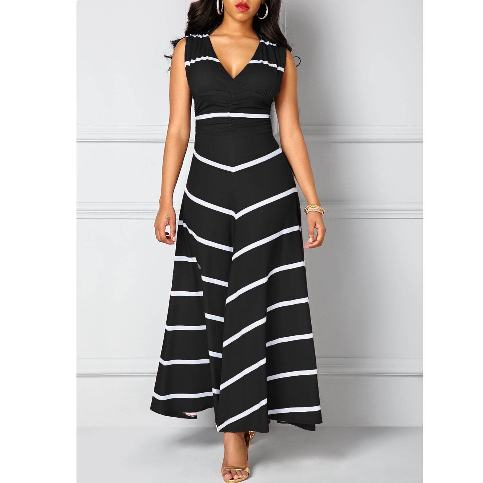 Europe and the United States large size V-neck high-waisted striped print slim Maxi large long skirt sleeveless dress - Mubimart