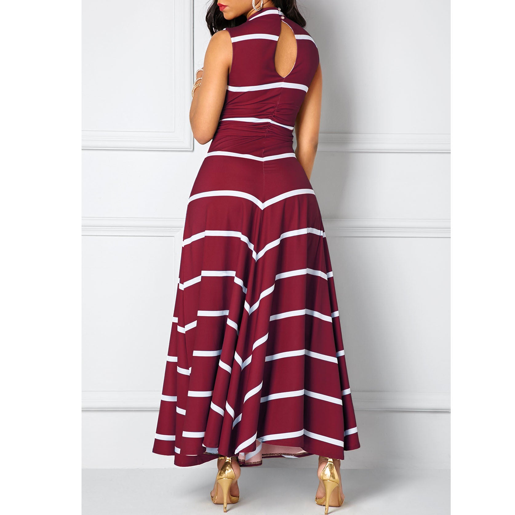 Europe and the United States large size V-neck high-waisted striped print slim Maxi large long skirt sleeveless dress - Mubimart -  