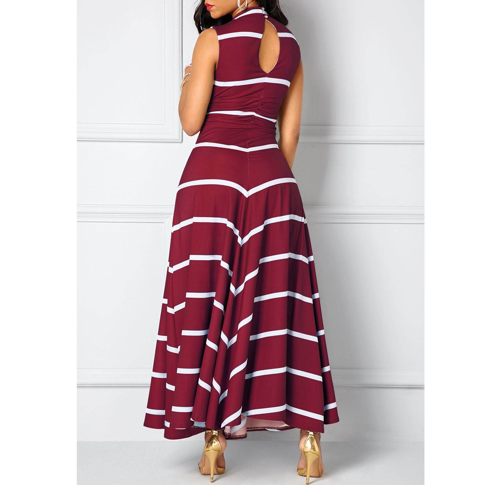 Europe and the United States large size V-neck high-waisted striped print slim Maxi large long skirt sleeveless dress - Mubimart