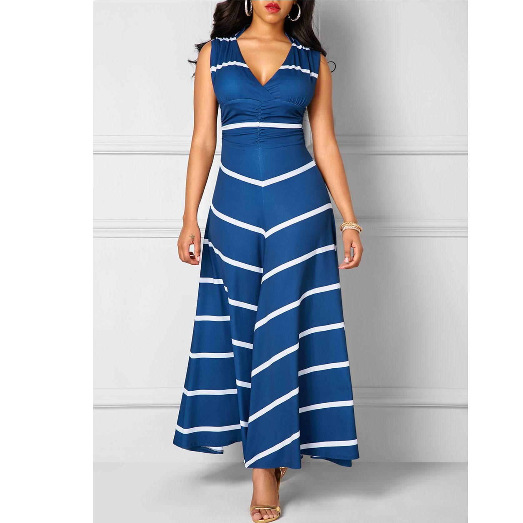 Europe and the United States large size V-neck high-waisted striped print slim Maxi large long skirt sleeveless dress - Mubimart