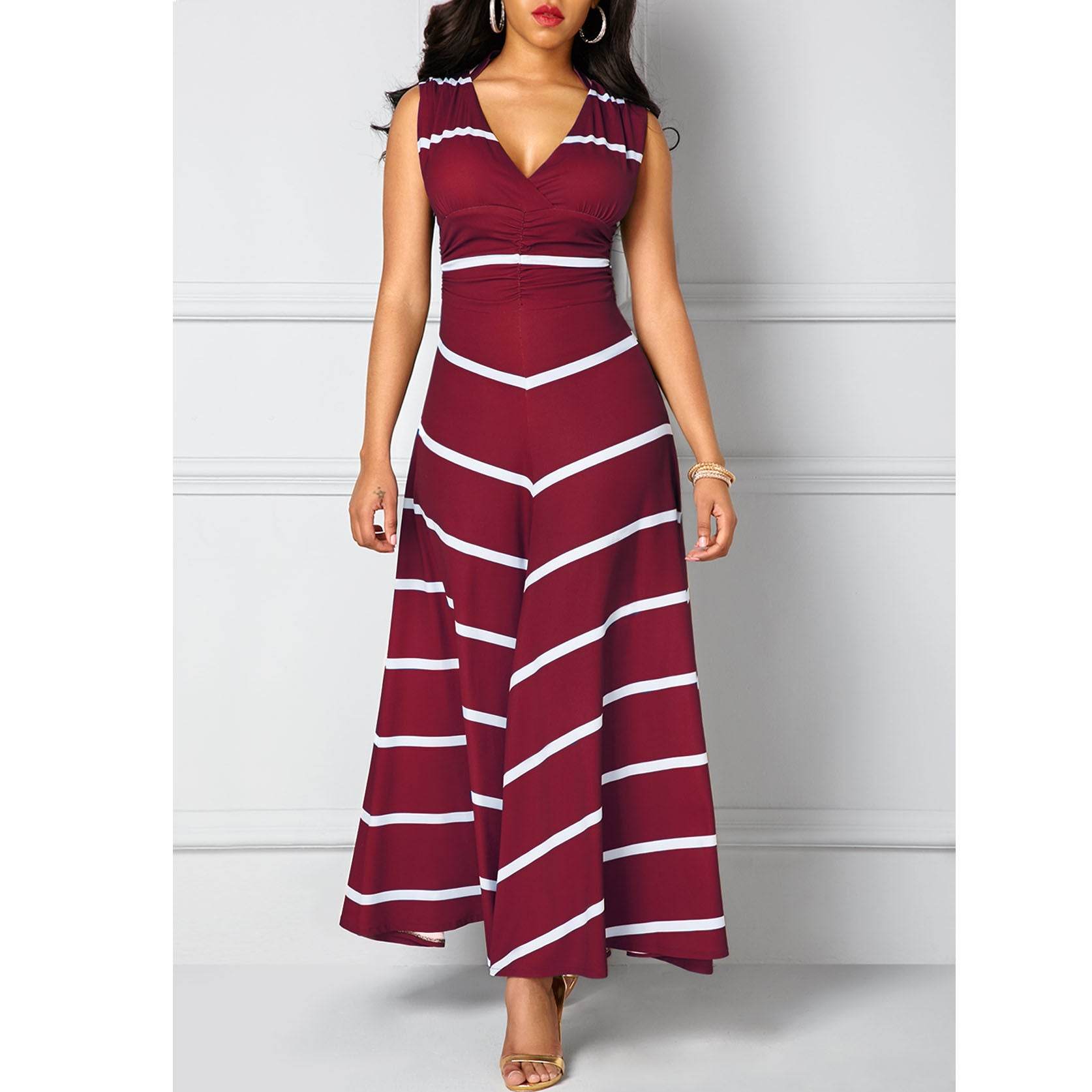 Europe and the United States large size V-neck high-waisted striped print slim Maxi large long skirt sleeveless dress - Mubimart