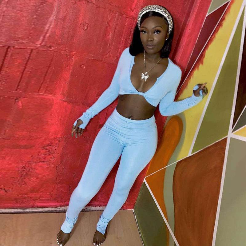 FQLWL Casual Summer 2 Two Piece Set Women Pink Outfit Long Sleeve Crop Top Leggings Women Joggers Matching Sets Ladies Tracksuit - Mubimart