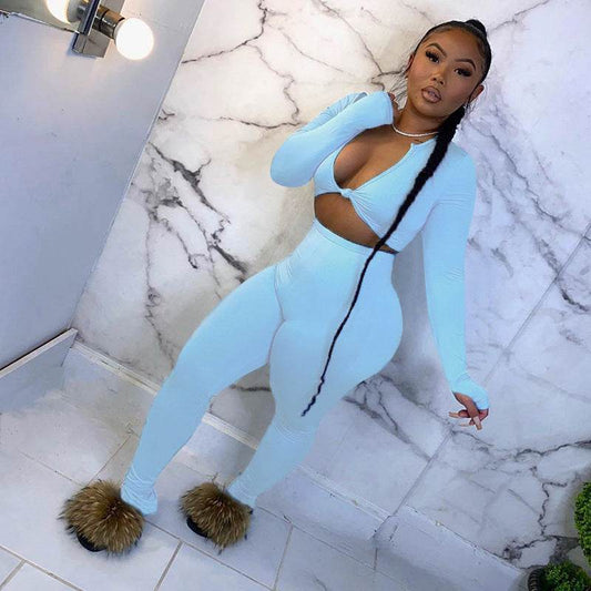 FQLWL Casual Summer 2 Two Piece Set Women Pink Outfit Long Sleeve Crop Top Leggings Women Joggers Matching Sets Ladies Tracksuit - Mubimart